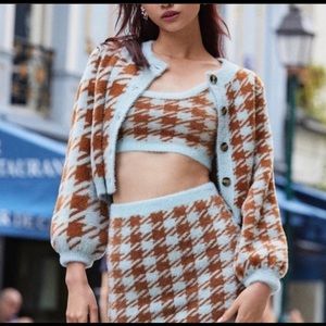 Blue Brown Cher Houndstooth Mohair Cardigan Top